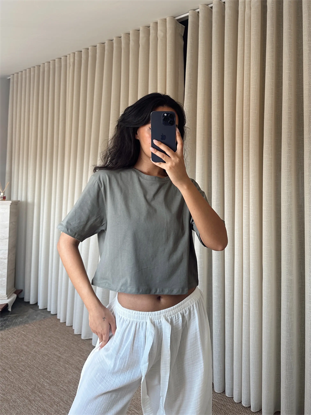 Düz Kısa Kol Crop Basic - Haki