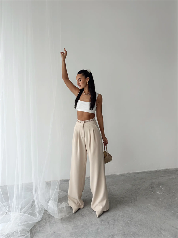 Kemeri Dantel Detaylı Palazzo Pantolon  - Taş