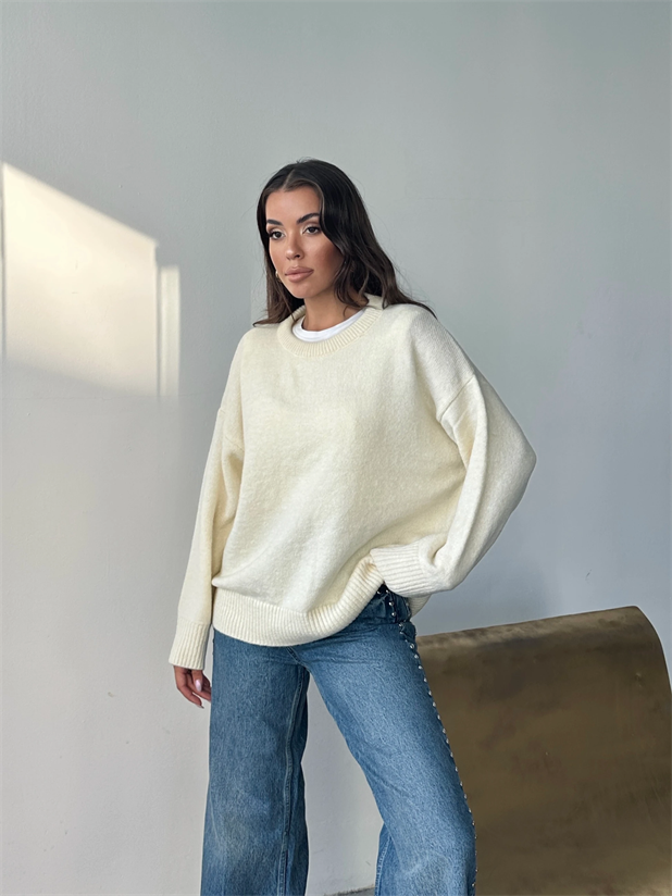 Yıkamalı Şardonlu Triko Kazak - Ekru