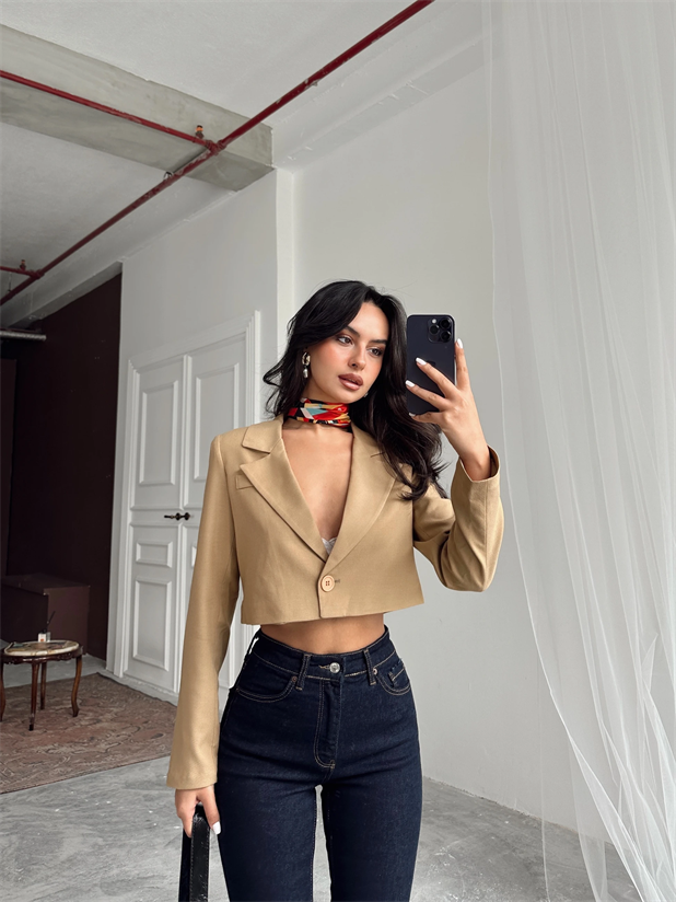 Tek Düğme Crop Blazer Vizon - Vizon