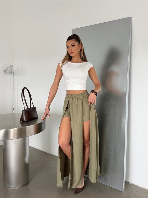 İçi Şortlu Derin Yırtmaç Maxi Etek - Haki