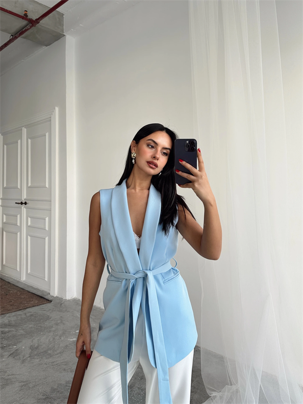 Bağlamalı Blazer Yelek  - Bebe Mavi