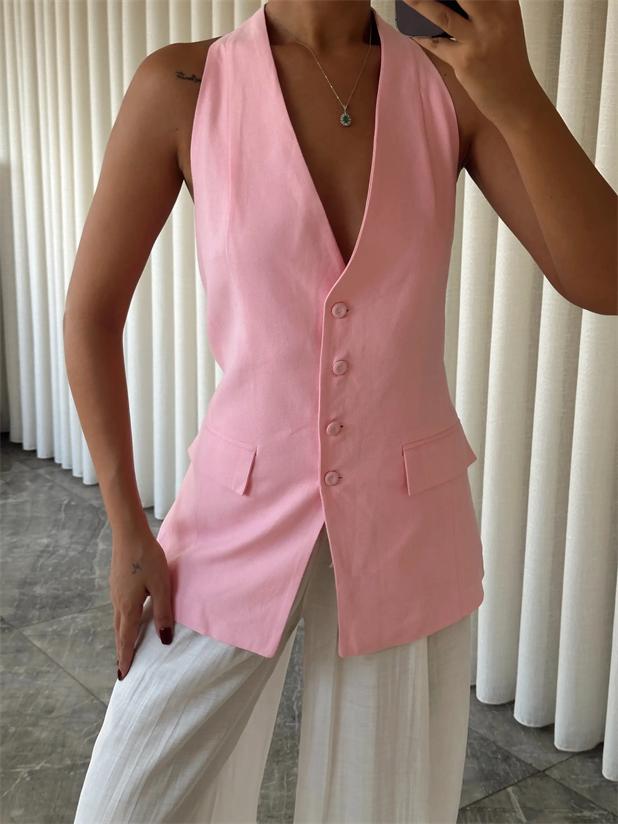 Sırt Dekolte Keten Yelek - Pembe