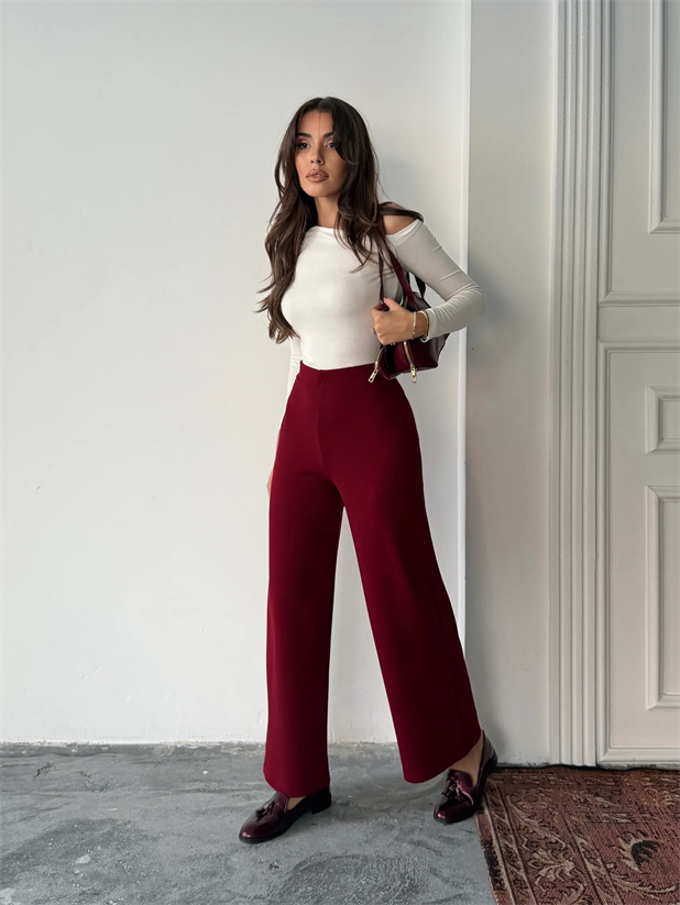 Bel İçten Lastik Kumaş Pantolon  - Bordo