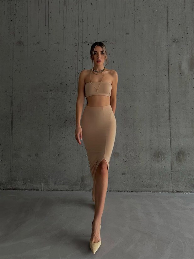 Crop Etek Takım Bej - Bej