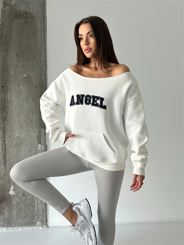 Angel Nakışlı Kayık Yaka Sweat - Beyaz