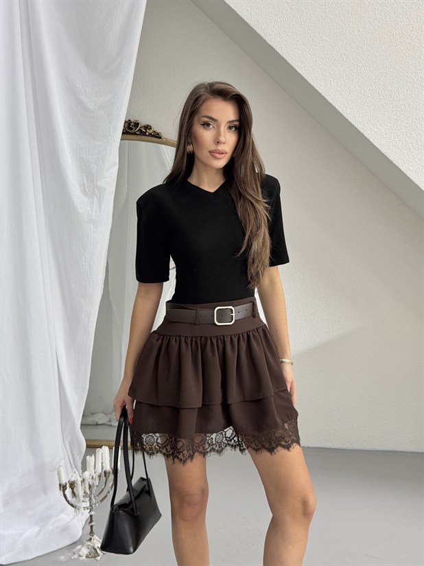 Dantel Detaylı Crep Etek - Kahve