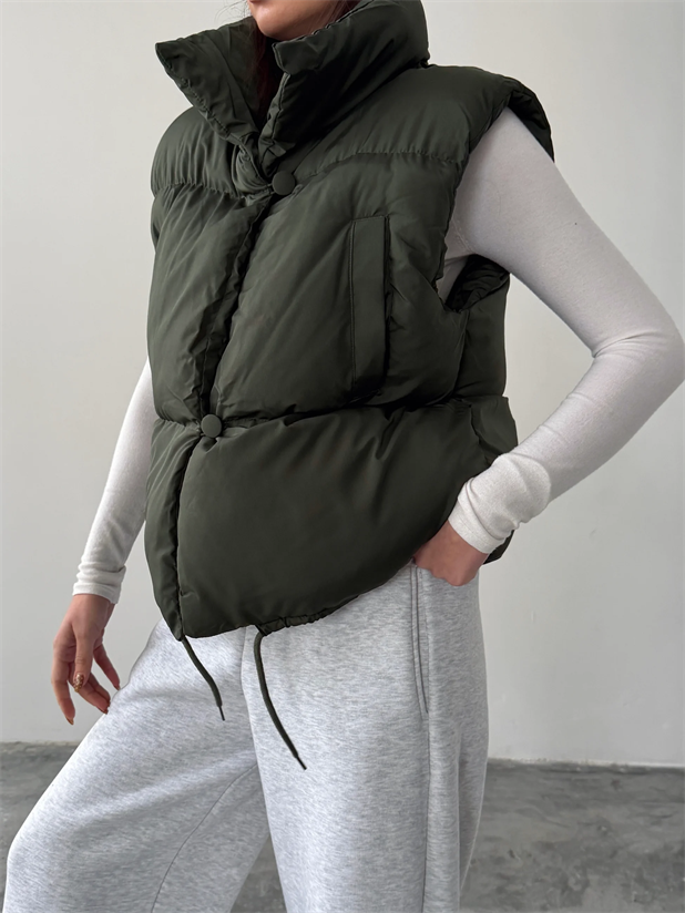 Düğmeli Yan Cep Detay Şişme Yelek - Haki