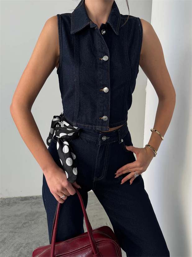 Crop Denim Yelek - Lacivert