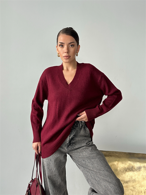 V Yaka Ribanalı Triko Kazak - Bordo