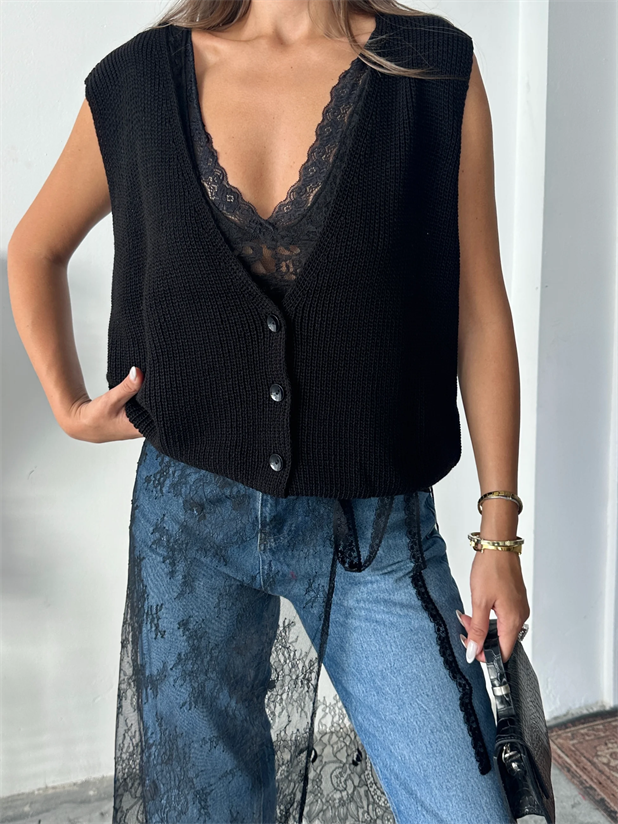 Dört Düğme Selanik Yelek - Siyah