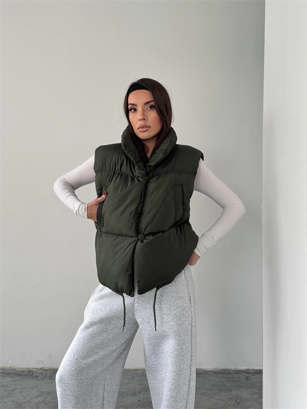 Düğmeli Yan Cep Detay Şişme Yelek - Haki