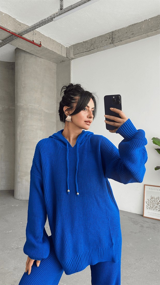 Kapüşonlu Örme Triko Takım Saks Mavi - Saks Mavi