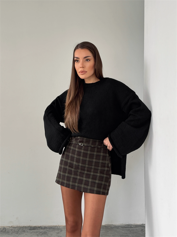 Bel Bağlama Ekose Mini Etek - Acı kahve