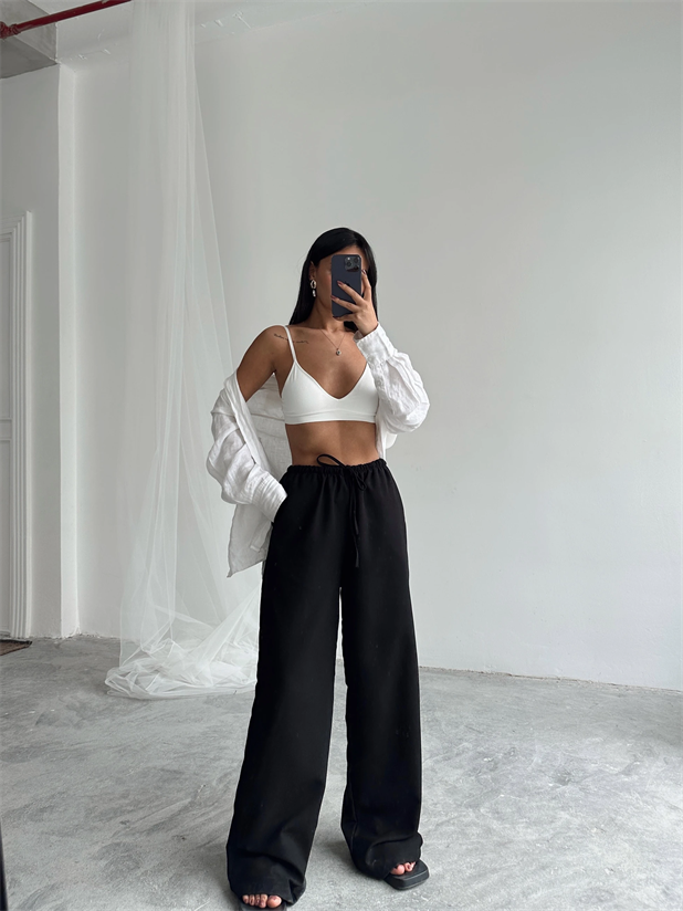 İnce Kemerli Salaş Pantolon - Siyah