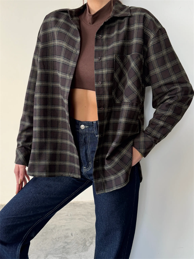 Tek Cep Ekose Gömlek - Acı kahve