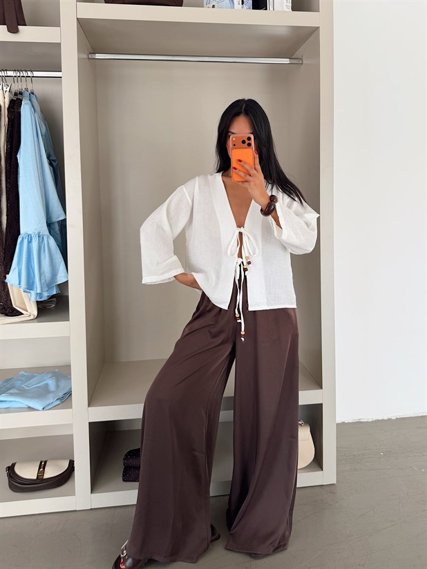 Bol Paça Saten Pantolon - Kahve