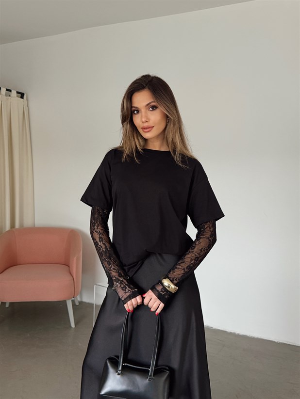 Dantel Kollu Basic T-shirt - Siyah