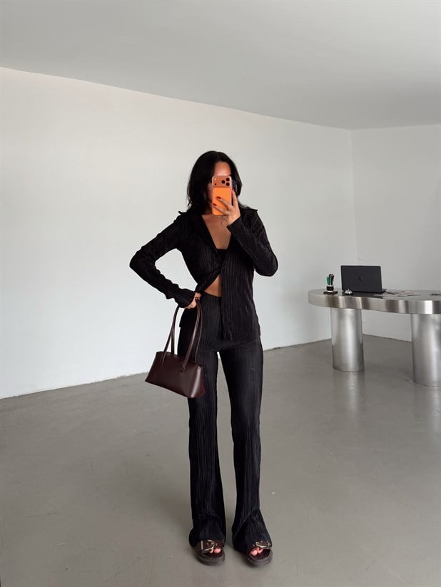 Piliseli Gömlek Pantolon Takım - Siyah