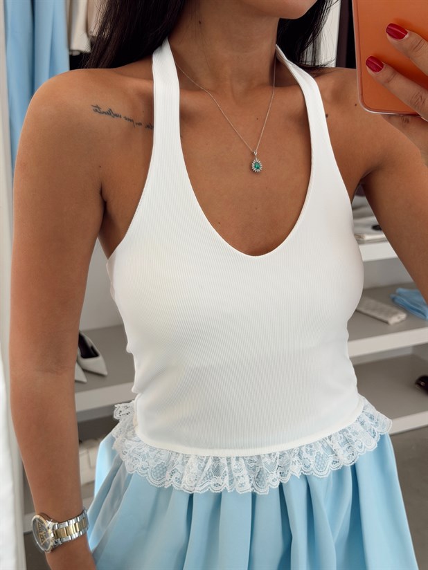 Etek Ucu Dantelli Crop - Beyaz