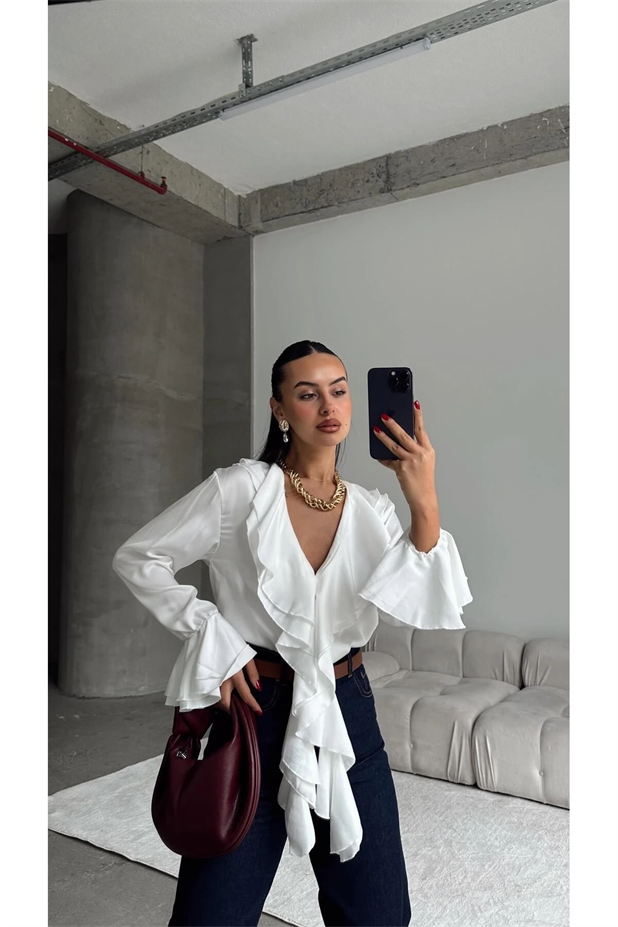 Volanlı Gömlek Beyaz - Beyaz