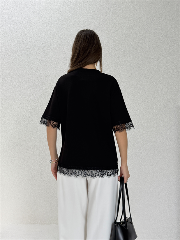 Dantel Detay Basic Tshirt - Siyah