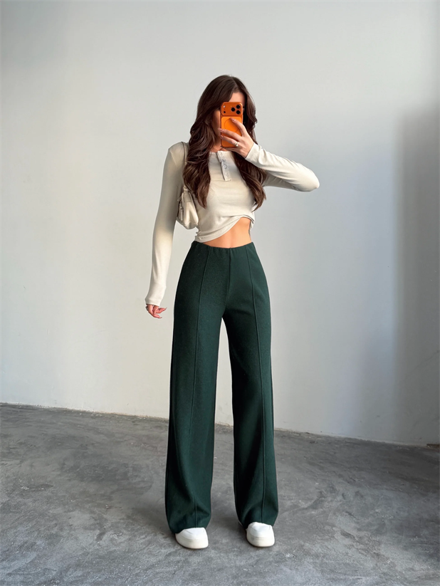 Çimalı Bel Lastik Selanik Pantolon - Zümrüt Yeşili