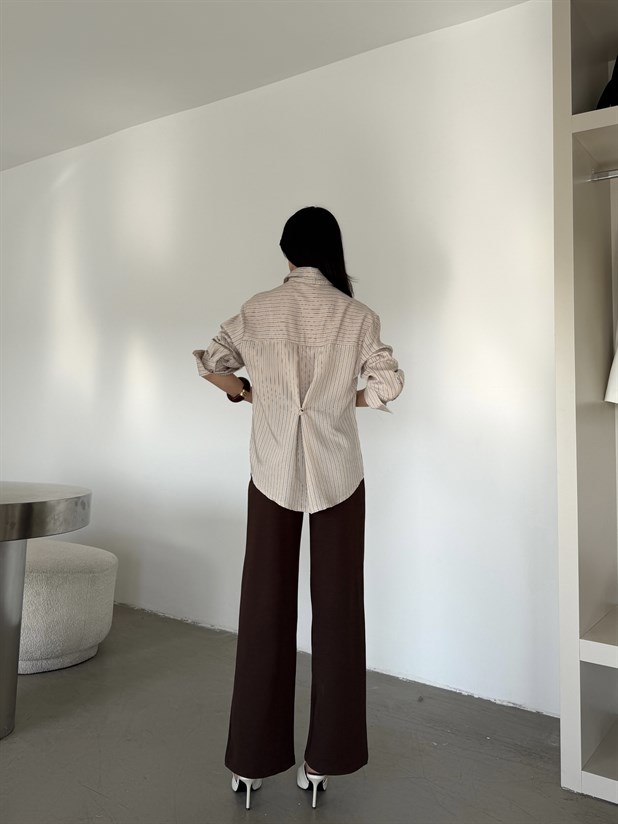 Çizgili Kol Manşet Detaylı Gömlek - Bej