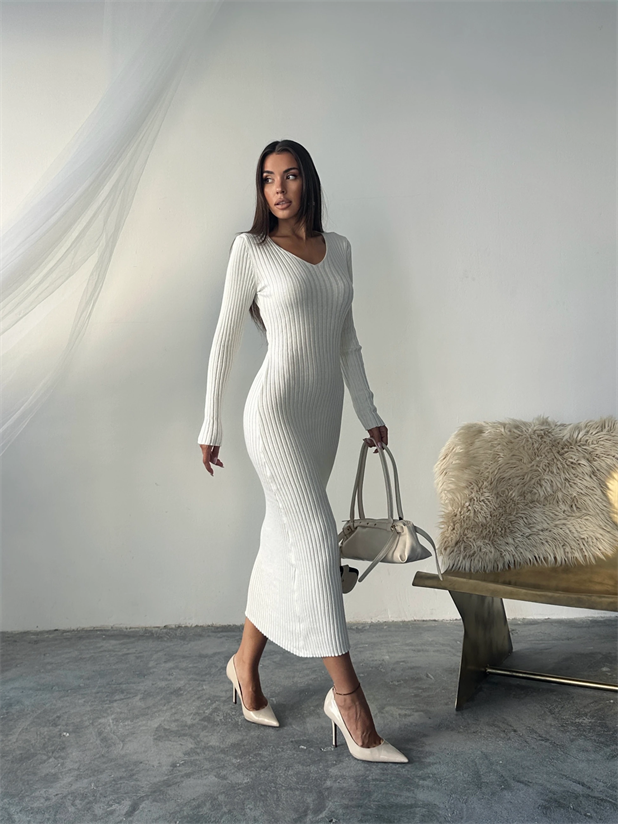 Bel Bağlama Triko Elbise - Ekru