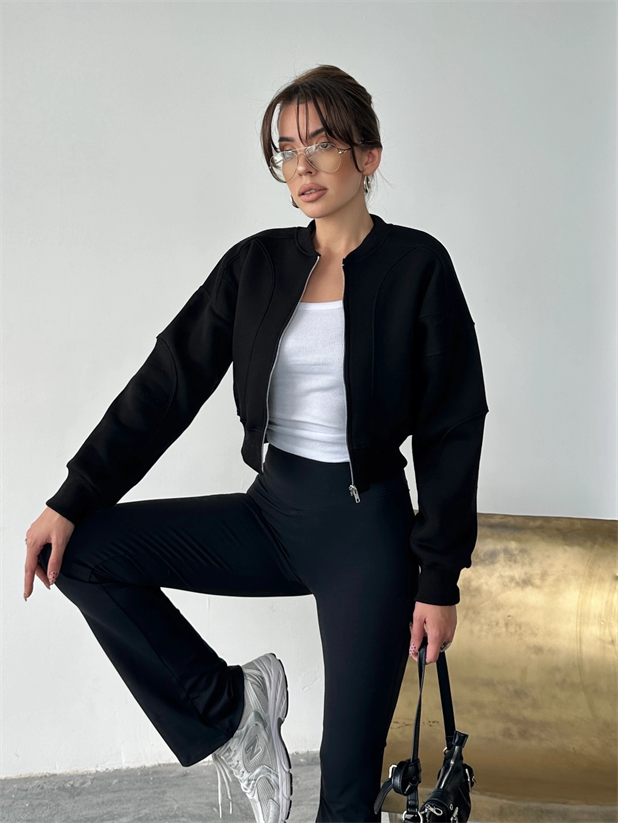 Bisiklet Yaka Fermuarlı Hırka - Siyah