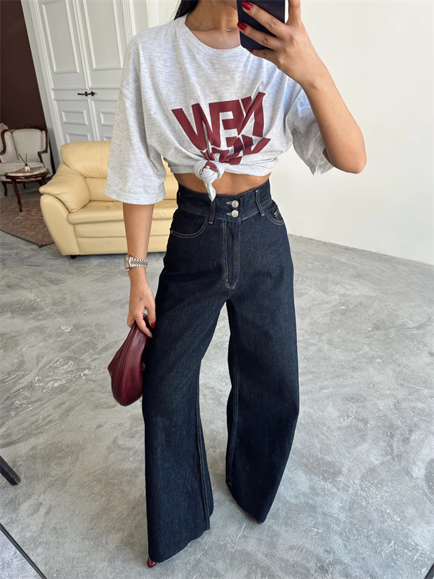 Geniş Kemerli Baggy Jean  - Dark Blue