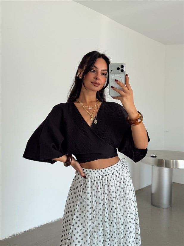 Bağlamalı Müslin Kimono Bluz - Siyah