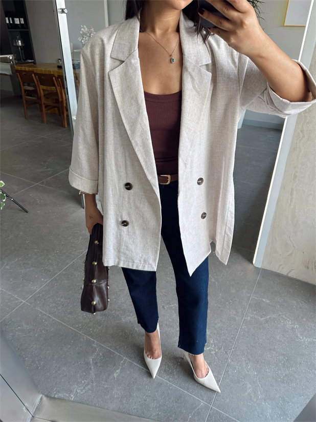 Salaş Yırtmaçlı Keten Ceket  - Krem