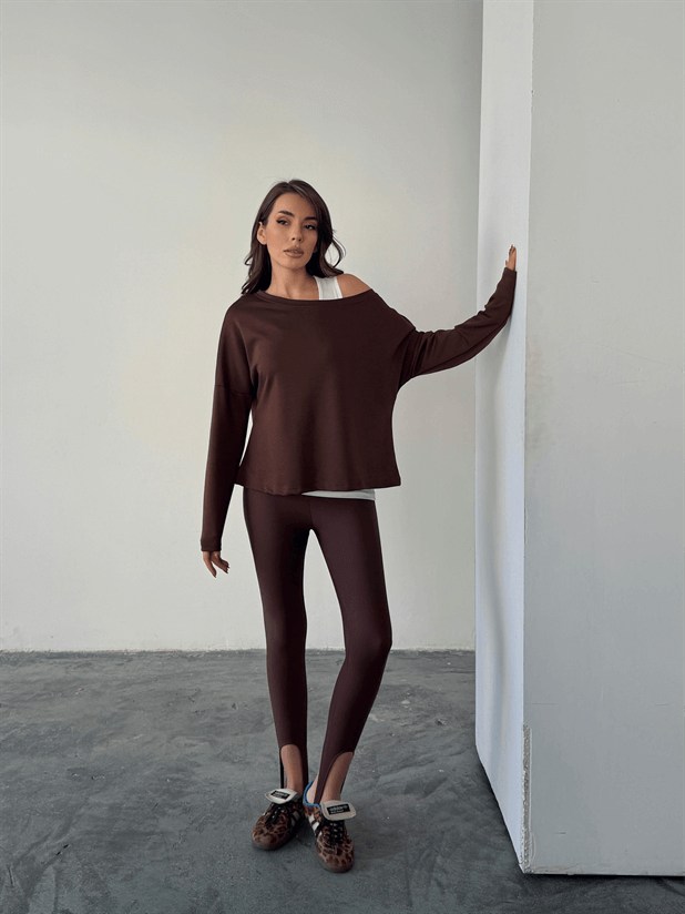 Düşük Omuz Atletli Bluz - Kahve