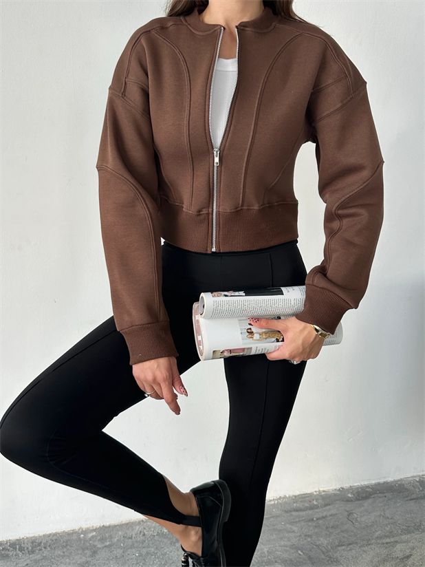 Bisiklet Yaka Fermuarlı Hırka - Kahve