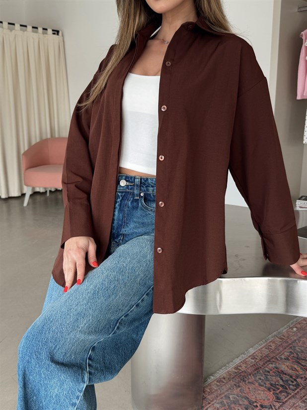 Gizli Pat Düğmeli Gömlek - Kahve