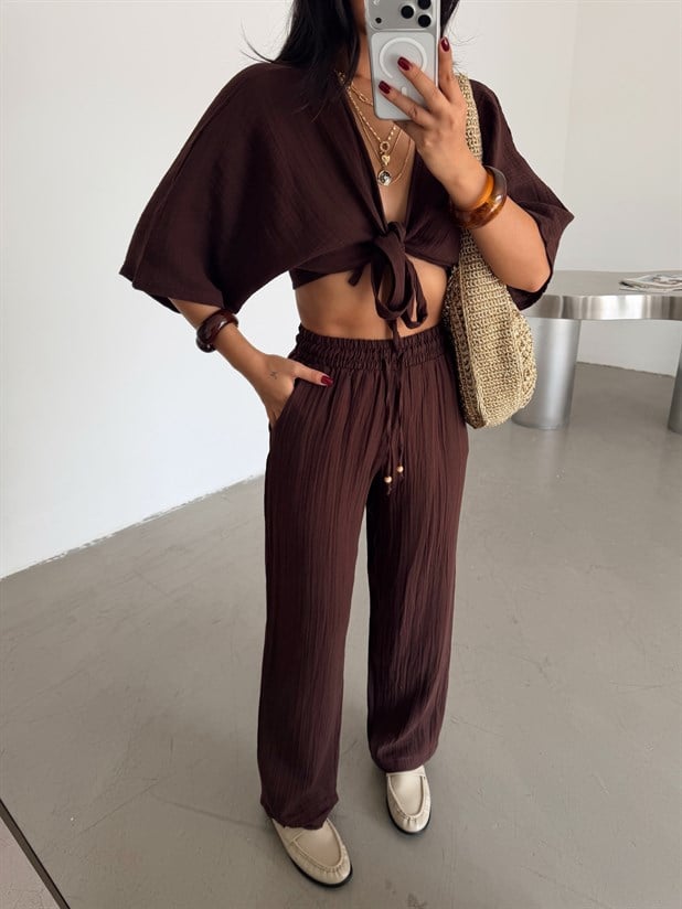 Bağlamalı Müslin Kimono Bluz - Kahve