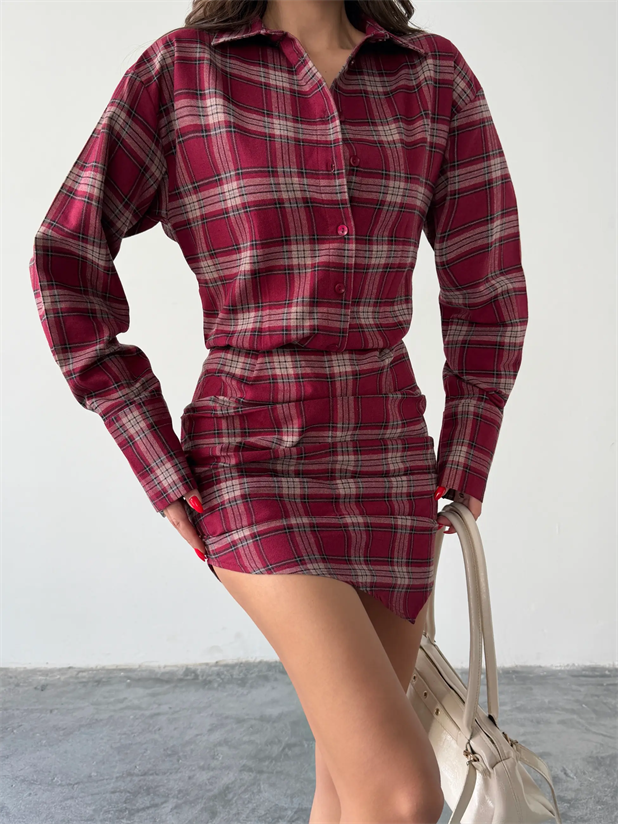 Ekose Gömlek Elbise  - Bordo