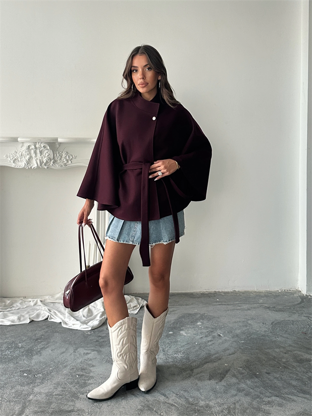 Kaşe Kuşaklı Pelerin Kaban - Bordo