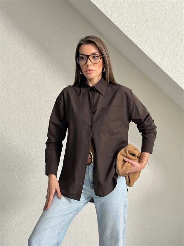 Tek Cep Boyfriend Gömlek - Kahve