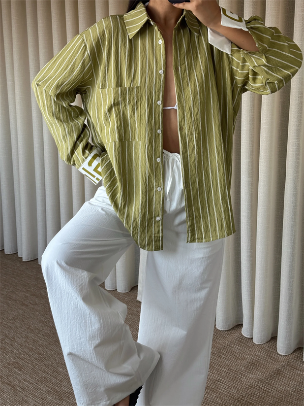 Çizgili Gömlekli Takım - Yağ Yeşili