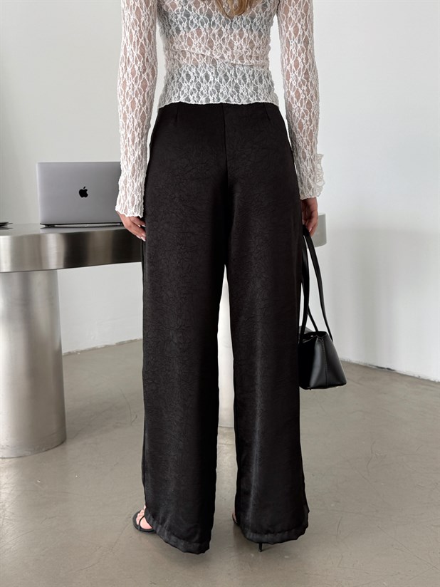 Kemerli Saten Pantolon - Siyah