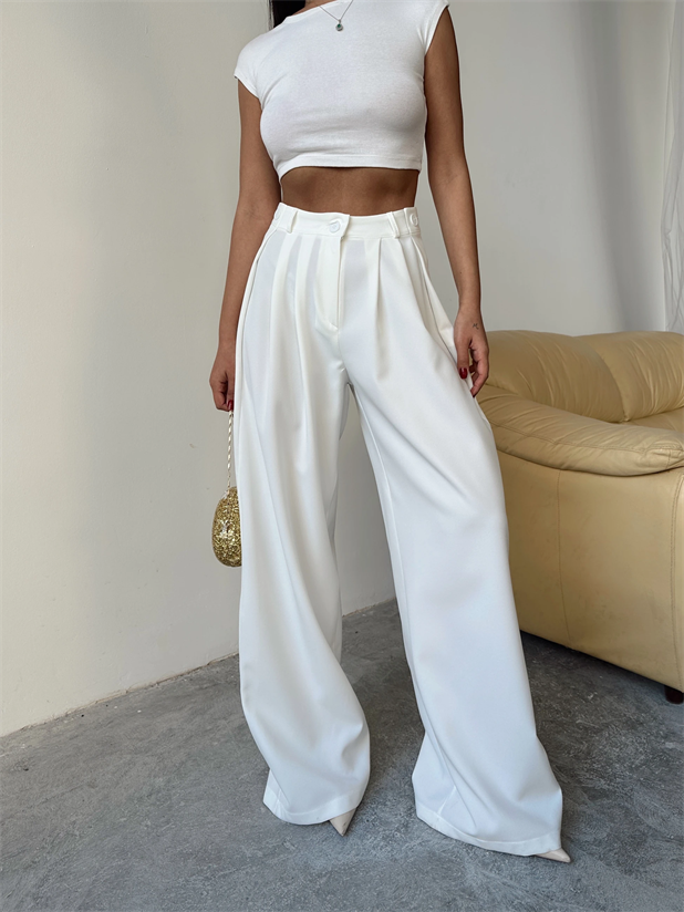Yandan Katlama Düğme Detay Palazzo - Beyaz