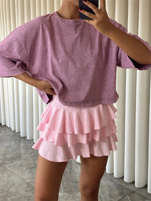 Yıkamalı Düz Crop Basic - Lila