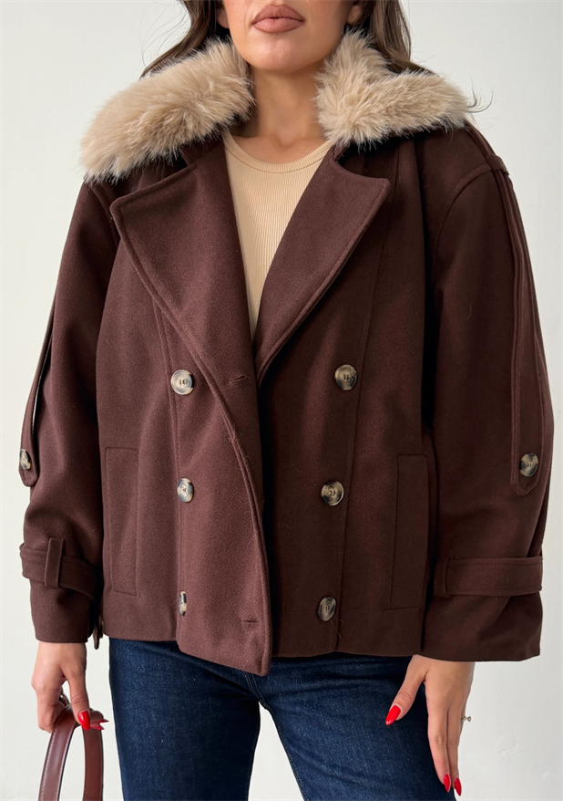 Apolet Detay Kürklü Kaşe Mont  - Kahverengi