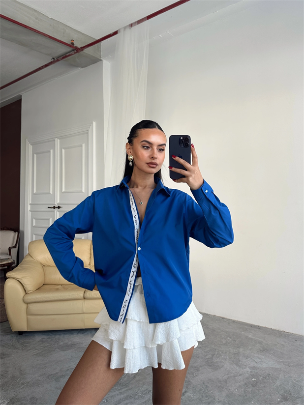 Kol Ve Pat Şerit Crop Gömlek - Saks Mavi