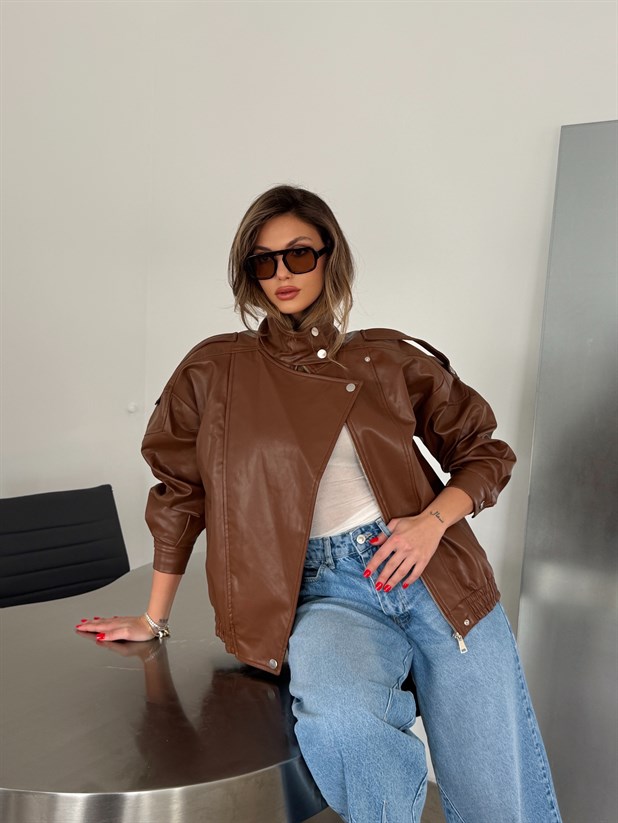 Oversize Iconıc Deri Ceket - Taba