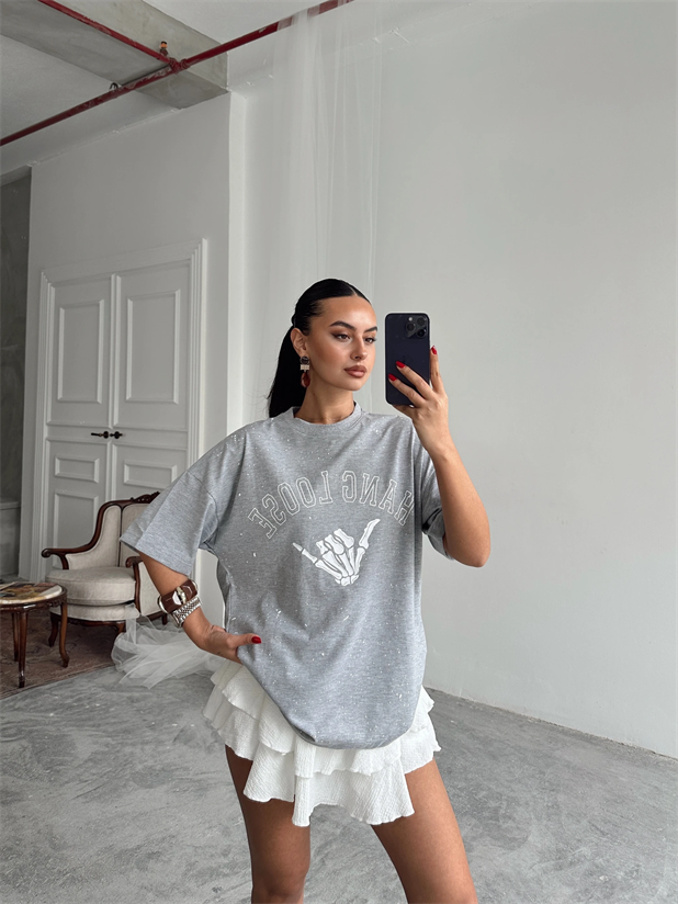 Hang Loose Baskılı Tshirt Gri - Gri