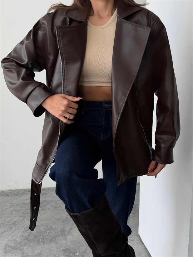 Kemerli Oversize Deri Ceket  - Kahve