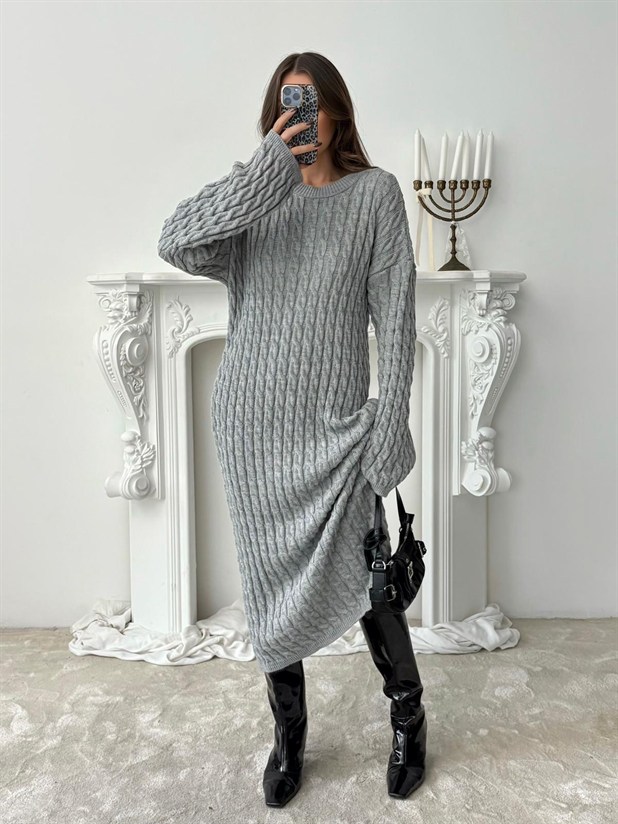 Saç Örgü Triko Elbise - Gri